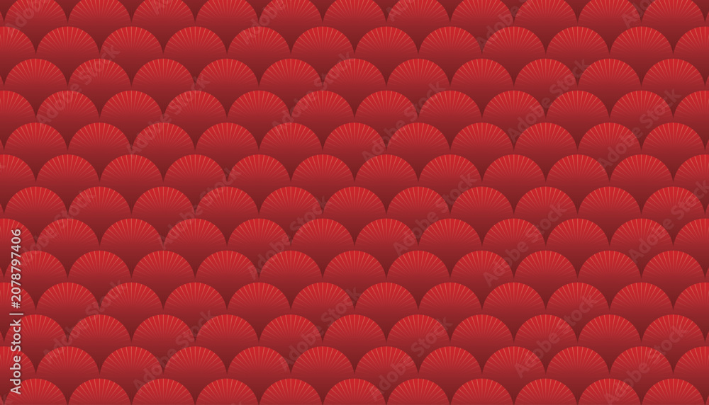 Fototapeta premium Elegant and festive red seamless wave pattern featuring traditional scallop and fish scale motifs, perfect for backgrounds, textures, packaging, invitations, and decorative designs.