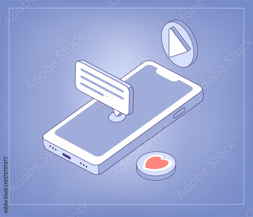 Comments and likes on video content. Isometric vector illustration with mobile phone for social media banner, content creator blog