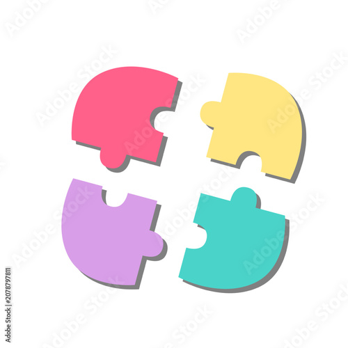 Colorful jigsaw puzzle pieces arranged in a circular layout on a clean background. Teamwork, collaboration, connection, and problem-solving concept with modern flat design.
