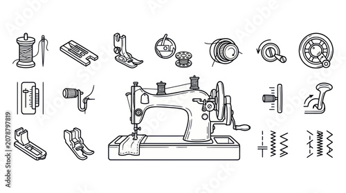Obraz na plátne Vintage sewing machine and accessory parts line art collection