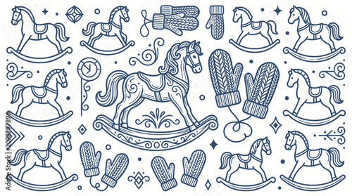 Fotografie Vintage rocking horses and cozy winter mittens line art collection