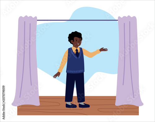 Young African American boy standing on school stage. Great for talent show poster, drama club flyer, or diversity banner.