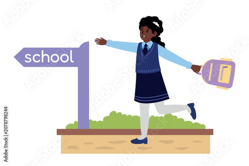 First time to school. Happy girl running with backpack toward school sign. For back to school, diversity poster, kid education.