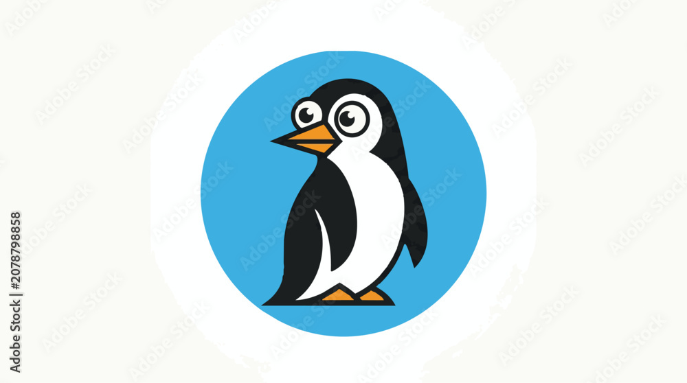 Fototapeta premium Cute cartoon penguin character illustration in a blue circle