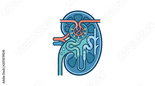 Human Kidney Anatomy Illustration with Nephron Detail.