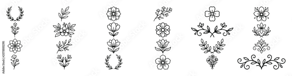 Fototapeta premium Minimalist botanical line icons collection featuring wreaths branches and floral motifs.