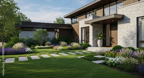 Modern Residential House Exterior with Well-Maintained Garden and Pathway.
