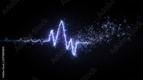 Floating neon ECG heartbeat line transforming into glowing digital particles, healthcare technology and wearable monitoring concept, minimalist dark