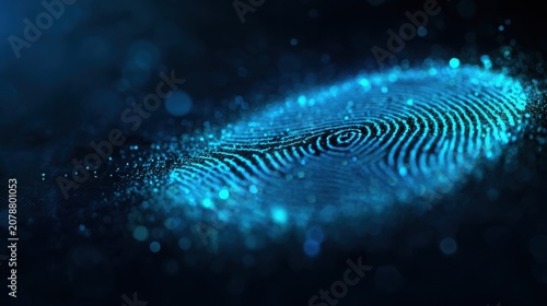 Glowing biometric fingerprint formed from luminous blue data particles, floating above a dark futuristic background, cybersecurity and digital