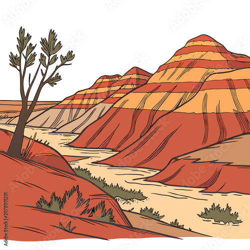 Slika na platnu Colorful hand drawn of a desert landscape with striped sedimentary rock formatio