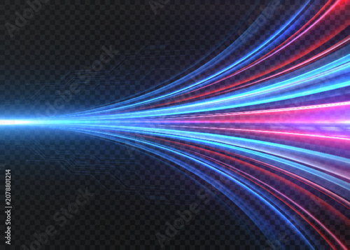 Fotografie Abstract glowing background with converging curved rays, colorful light magnification and optical motion lines on a dark background