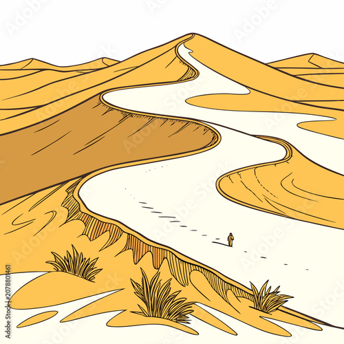Slika na platnu Hand drawn of a vast desert landscape with large rolling sand dunes, a winding p