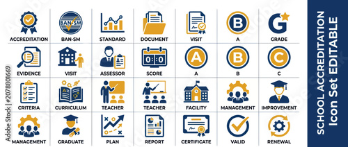 Foto School accreditation and education quality management icons