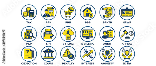 Foto Financial tax icons set for accounting and legal compliance