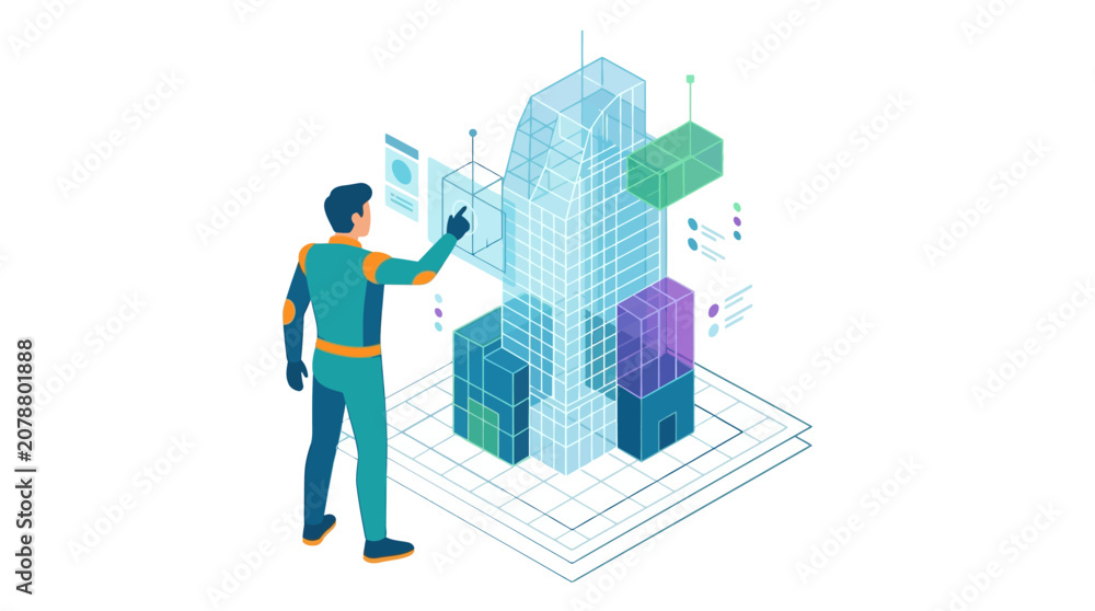 Naklejka premium Digital architect designing futuristic skyscraper using holographic interface for smart city planning flat vector illustration.