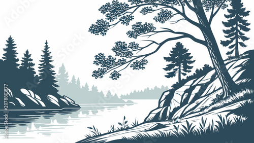Photos Landscape of a river winding through a dense pine forest with rocky banks and a