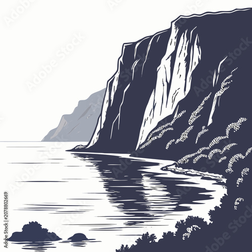 Foto Minimalist of a steep cliff overlooking a calm sea, featuring dark blue and whit