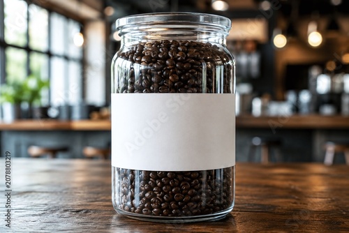 Glass Jar Filled with Roasted Coffee Beans with Blank White Label on Rustic Wood Table, Industrial Cafe Interior Background for Branding and Food Packaging Mockup Presentation.