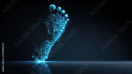 Single glowing digital footprint made of neon pixel fragments on a sleek reflective surface, futuristic data tracking concept, clean cyber