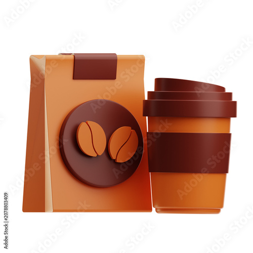 Orange coffee bag and matching takeaway cup with brown coffee bean emblem and sleeve, isolated on white background. Suitable for coffee branding or packaging concepts.