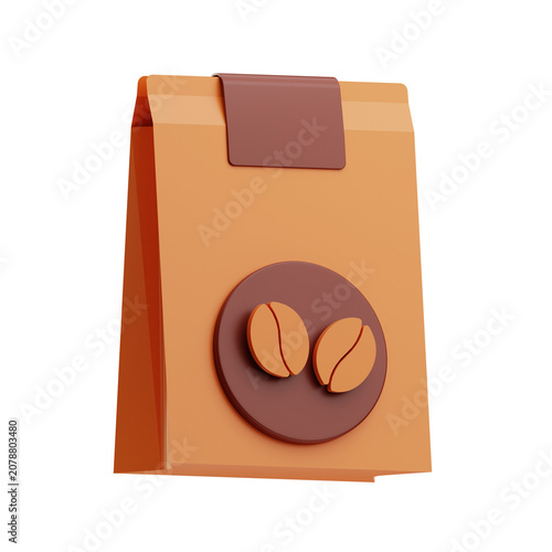 Brown coffee bag with a round emblem featuring two coffee beans, isolated on a white background. Simple packaging design for coffee products.