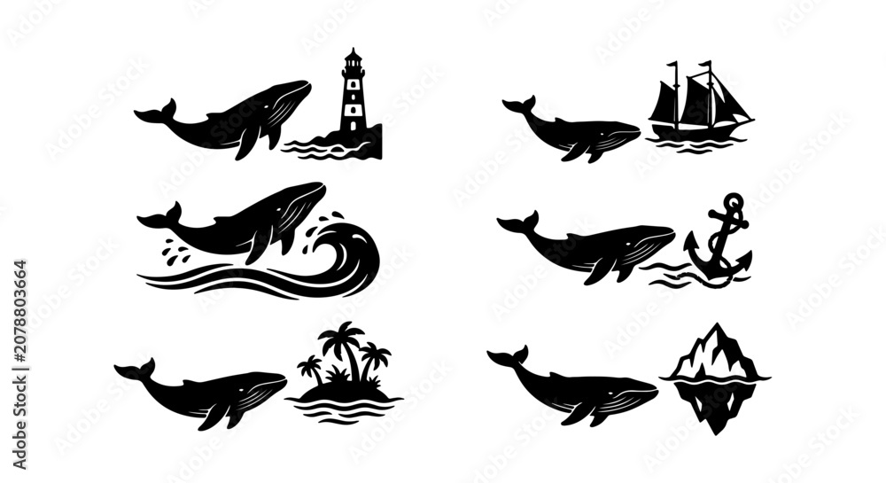 Fototapeta premium Whale Nautical Vector Icons, Ocean Sea Life, Marine Adventure, Lighthouse, Sailboat, Anchor, Island, Iceberg