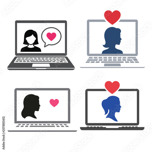 Online Dating And Virtual Relationship Concept With Woman Avatar Profiles On Laptop Screens Vector Illustration
