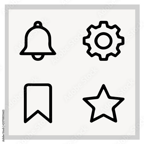 Set of four basic interface line icons including a bell, a gear, a bookmark and a star shape for digital navigation and mobile application design