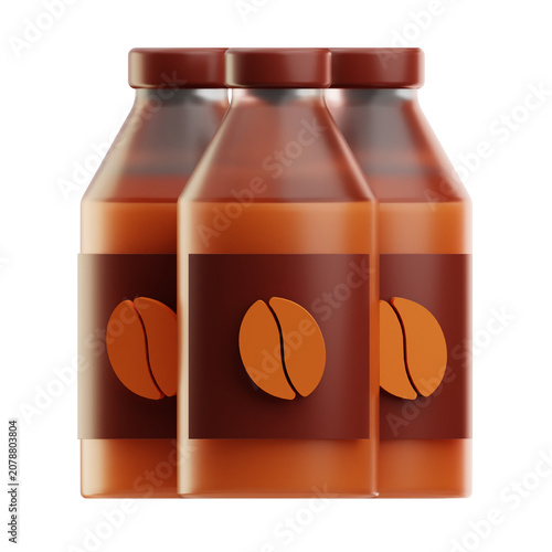 Three brown bottles of coffee syrup with matching brown caps and labels featuring a coffee bean icon, arranged closely together on a white background.