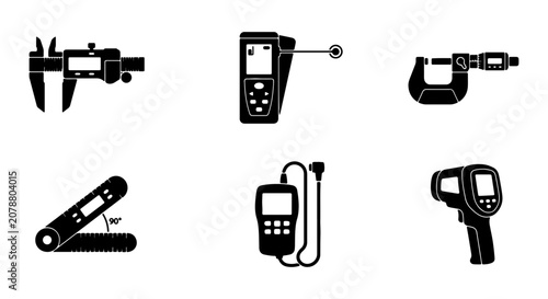 Precision Measuring Tools Icons Set: Caliper, Micrometer, Thermometer, Gauge, Digital Instruments