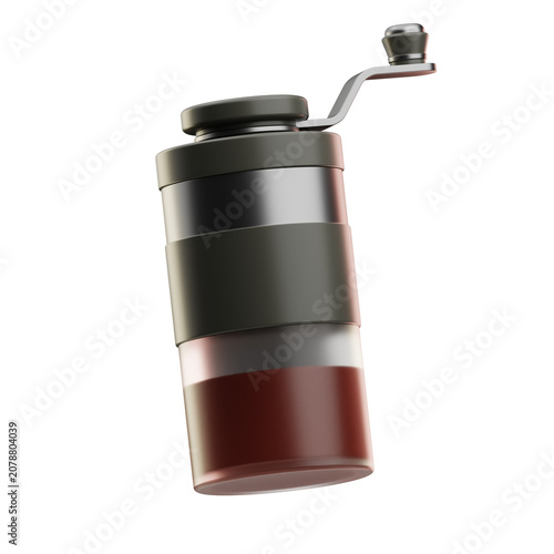 Manual coffee grinder with a black handle and transparent container for ground coffee, isolated on white background. Suitable for coffee preparation and kitchen use.