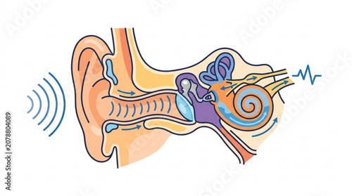Принти на полотні Detailed diagram of the human ear anatomy showing sound wave transmission