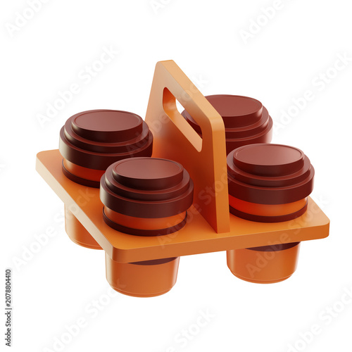 Plastic drink carrier holding four brown cups with lids, designed for easy transport. The carrier has a central handle and a square base supporting the cups.