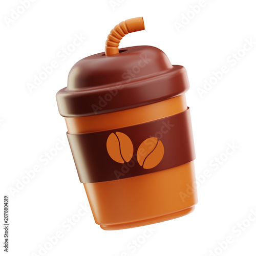 3D illustration of an orange coffee cup with a brown lid, brown sleeve featuring coffee bean icons, and a flexible straw. Suitable for beverage and cafe concepts.