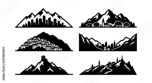 Tableau sur toile Mountain Cityscapes Vector Icons, Urban Peaks Silhouette Collection, Scenic Land
