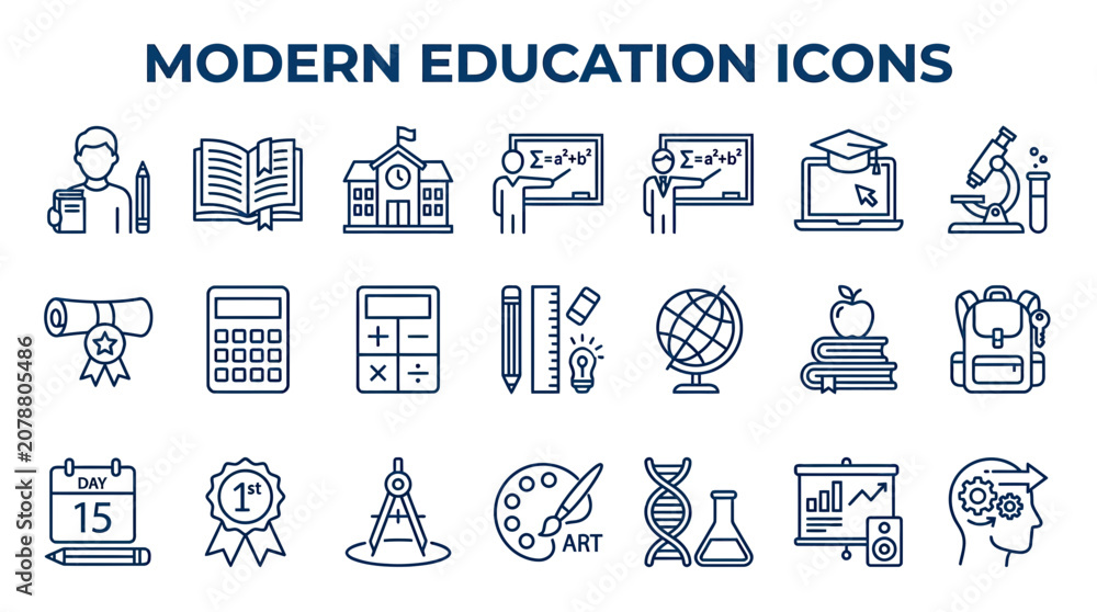 Fototapeta premium Modern Education Icons Set: Learning, School, Science, Art, Technology