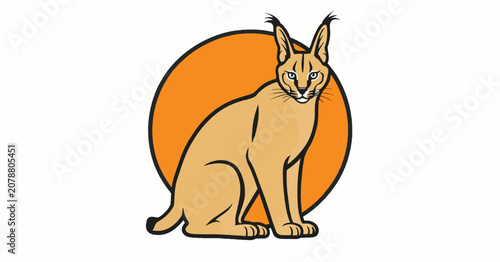 Canvas Print Illustration of a caracal cat sitting in front of an orange circle