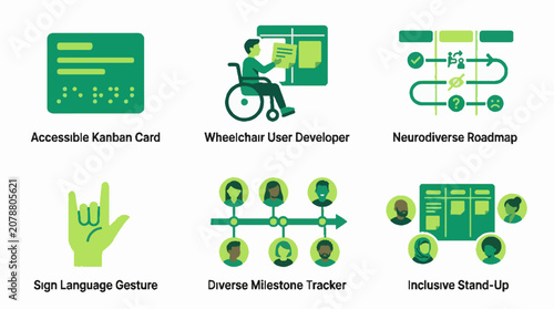Set of six flat vector icons representing workplace diversity and inclusion concepts including accessibility features and team collaboration symbols
