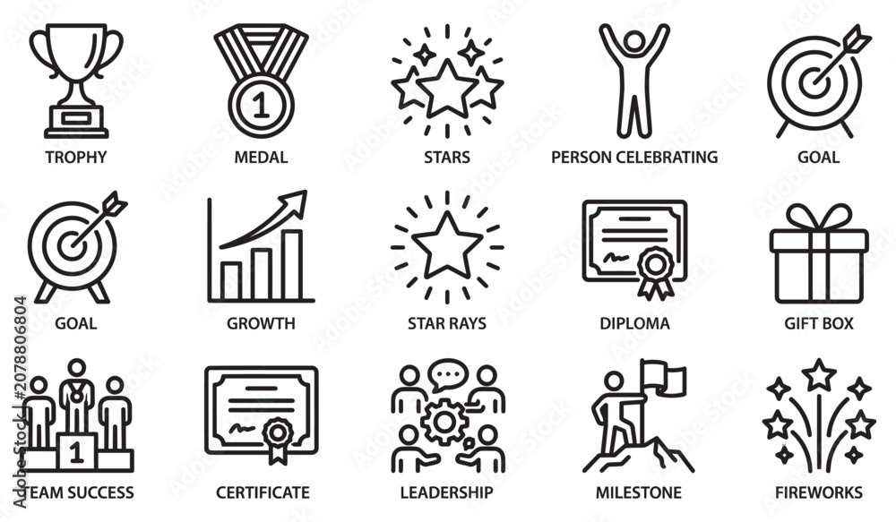Fototapeta premium Achievement Success Line Icons Collection Outline Vector Isolated