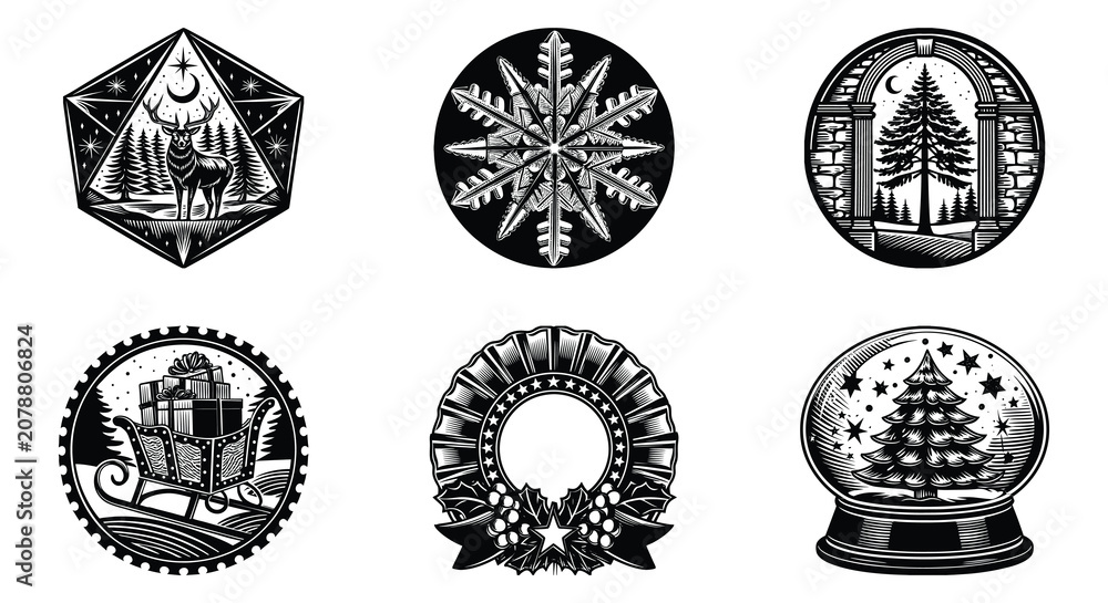 Fototapeta premium Linocut Christmas day vector design bundle featuring rustic winter holiday silhouettes of deer, snowflake, pine tree, santa sleigh, xmas wreath, and snow globe icons.