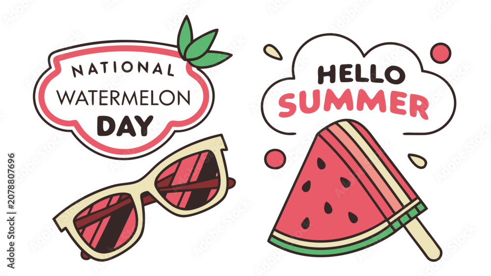 Fototapeta premium Watermelon themed summer sticker set with national watermelon day badge, sunglasses, slice and popsicle isolated on white background