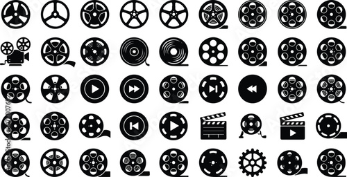 Foto Cinema film reel icons set for movie production industry