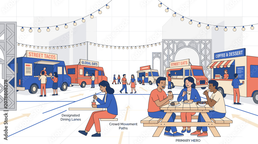 Obraz premium Outdoor Food Truck Festival Scene with Diverse People Dining