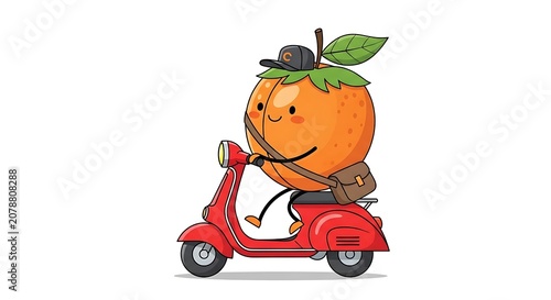 Smiling cartoon boy riding red scooter.