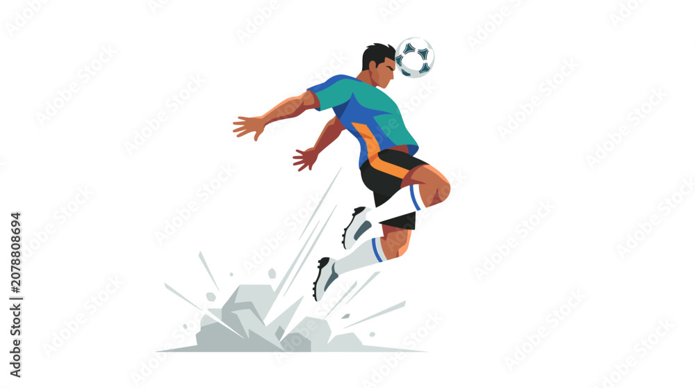Fototapeta premium Athletic soccer player jumping high to perform a powerful header shot flat vector illustration.