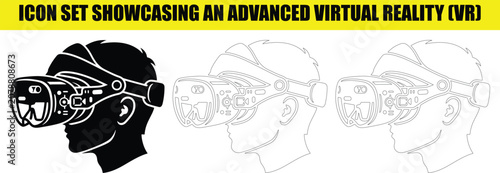 Obraz na plátně Virtual reality icon set featuring person wearing advanced vr goggles for immersive tech