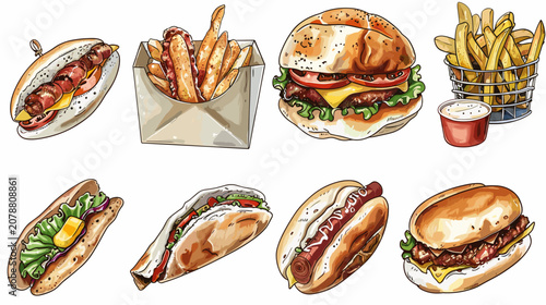 Obraz na płótnie Assorted Fast Food Items Including Hot Dogs Burgers Tacos and Fries With White B
