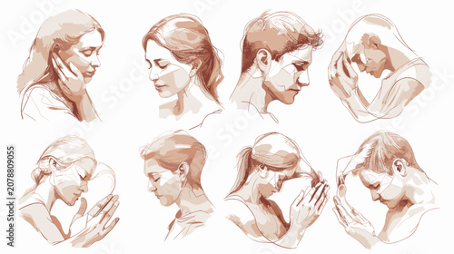 Tableau sur toile Collection Of People Faces In Profile Expressing Sadness And Grief In Sepia Tone