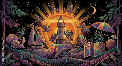Vibrant beach scene, colorful lighthouse, tropical sunset, summer icons, vector illustrations