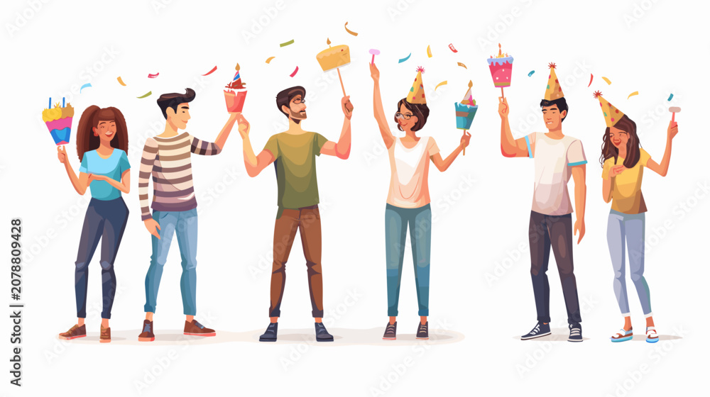 Obraz premium Diverse Group Celebrates Together With Confetti And Party Hats Joyful Festive Gathering